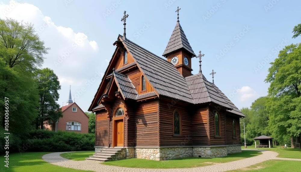Charming wooden church with steeple and clock nestled in a serene parklike setting Charming wooden church with steeple and clock nestled in a serene parklike setting