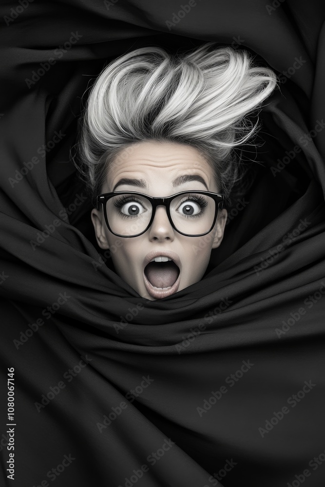 A surprised woman with glasses reacts while emerging from a swirling black fabric backdrop in a creative portrait session A surprised woman with glasses reacts while emerging from a swirling black fabric backdrop in a creative portrait session