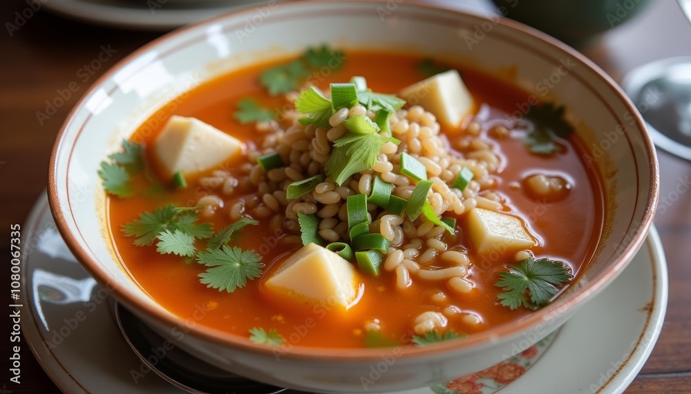 Delicious bowl of soup with herbs and vegetables Delicious bowl of soup with herbs and vegetables