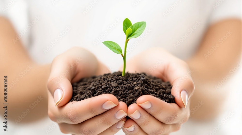 Hands nurturing young plant with fresh soil for environmental growth Hands nurturing young plant with fresh soil for environmental growth