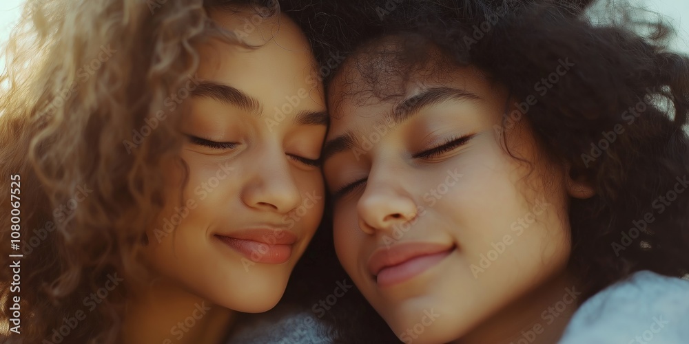 Obraz premium Two women are hugging each other and smiling. Scene is warm and friendly. The women are likely friends or family members, enjoying each other's company and sharing a moment of happiness