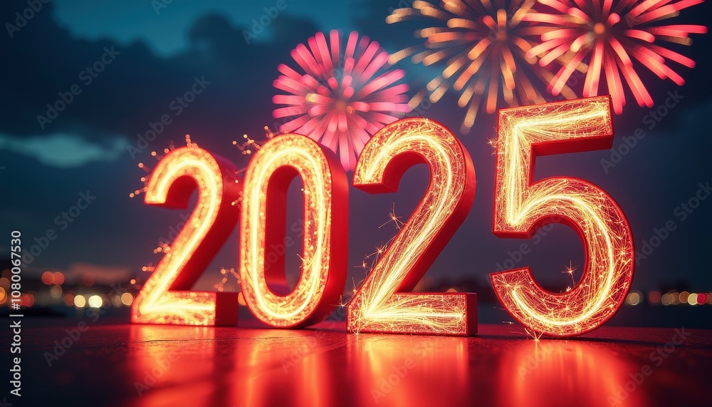 Exciting countdown to New Year 2025 with a digital clock and colorful fireworks lighting up the sky. Exciting countdown to New Year 2025 with a digital clock and colorful fireworks lighting up the sky.