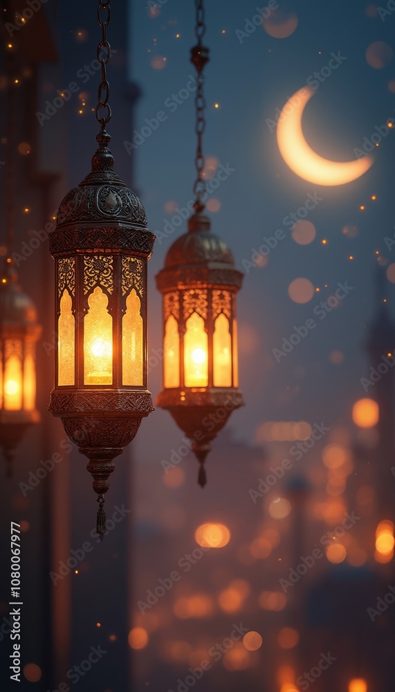 Ornate Lanterns Hanging with Warm Glow Amidst Ethereal Night Sky.