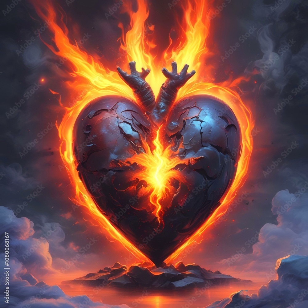Fototapeta premium Illustration of dark heart with flames and fire.