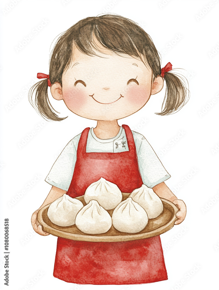 cute child with pigtails smiles while holding tray of Chinese dumplings. watercolor illustration captures joyful moment in kitchen setting cute child with pigtails smiles while holding tray of Chinese dumplings. watercolor illustration captures joyful moment in kitchen setting