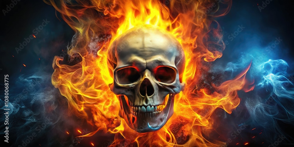 A striking skull engulfed in flames with an alpha channel, ideal for innovative designs, digital art, Halloween visuals, and bold graphic projects.