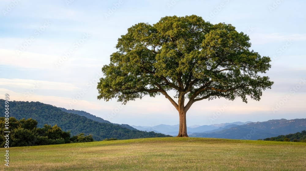 Solitary tree on grassy landscape with rolling hills in the background. Solitary tree on grassy landscape with rolling hills in the background.