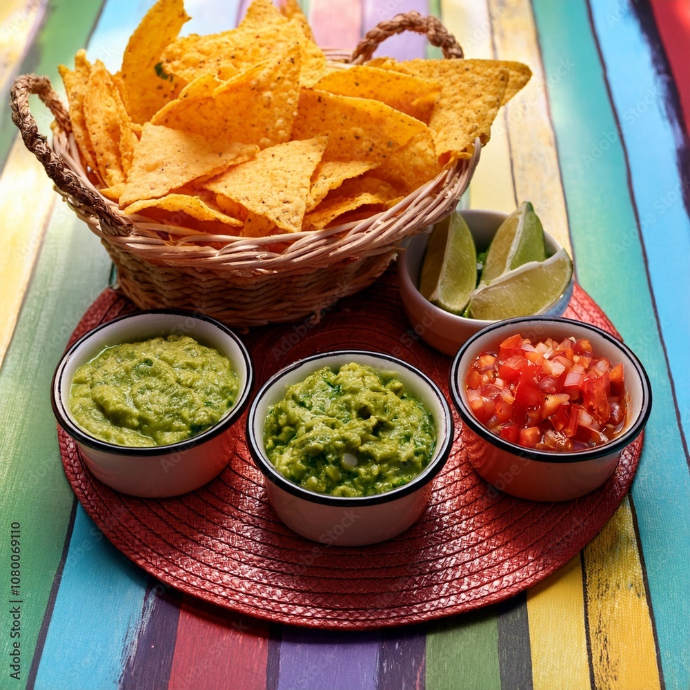 Colorful Mexican Salsa Bar Featuring Freshly Prepared Guacamole, Pico de Gallo, and Spicy Salsa Verde, Served With a Basket of Warm Tortilla Chips on a Vibrant Table Colorful Mexican Salsa Bar Featuring Freshly Prepared Guacamole, Pico de Gallo, and Spicy Salsa Verde, Served With a Basket of Warm Tortilla Chips on a Vibrant Table