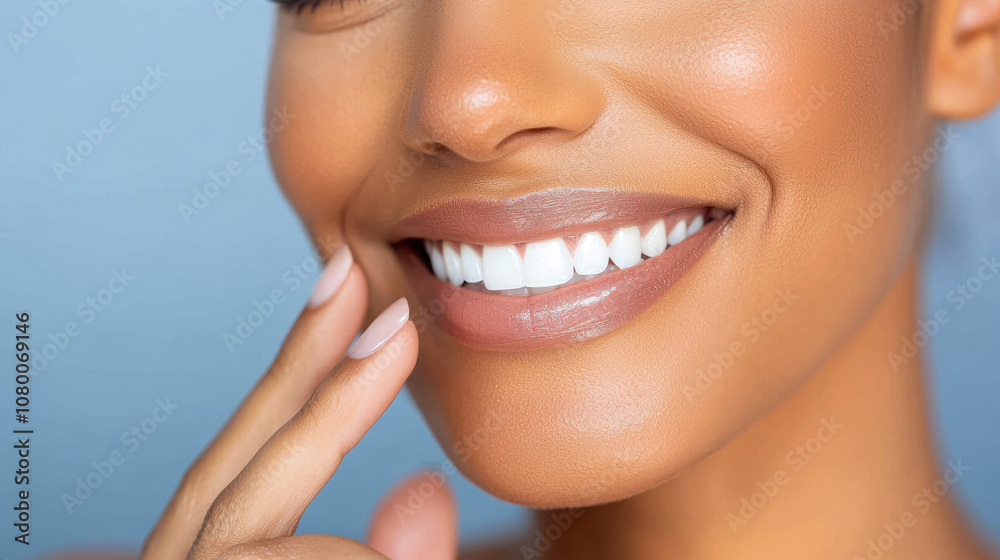 Obraz premium Close-up portrait of a smiling woman showcasing her bright white teeth on a soft blue background