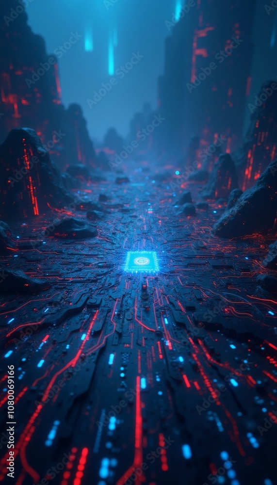 Futuristic Digital Landscape with Glowing Binary Code and Circuitry. Futuristic Digital Landscape with Glowing Binary Code and Circuitry.