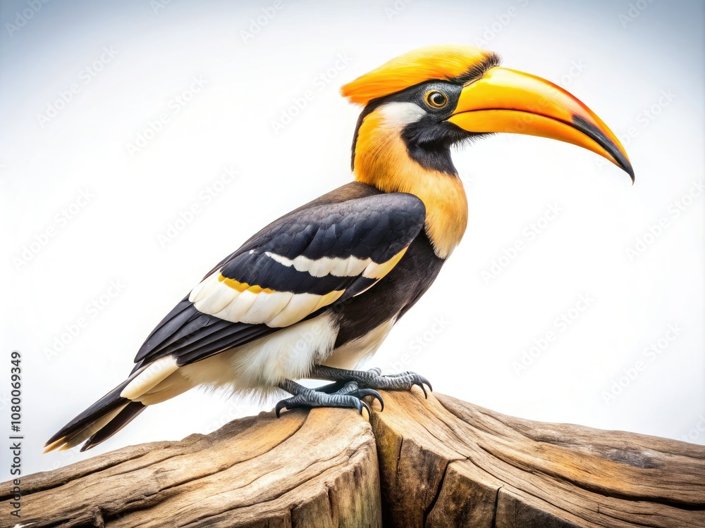 Fototapeta premium A vintage photograph showcasing a Great Hornbill (Buceros bicornis) elegantly perched on timber, set against a pure white background, emphasizing wildlife conservation and exotic tropical fauna.
