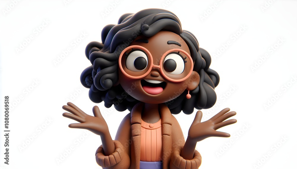 Fototapeta premium Long Shot of 3D Claymation Girl Character with Glasses - Happily Surprised Gesture, Isolated on White