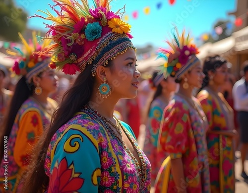 Colorful cultural parade featuring women in traditional attire with vibrant floral headpieces. Celebrating heritage and culture under sunny skies, showcasing intricate embroidery and festive atmospher