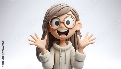 Long Shot of 3D Claymation Girl Character with Glasses - Happily Surprised Gesture, Isolated on White