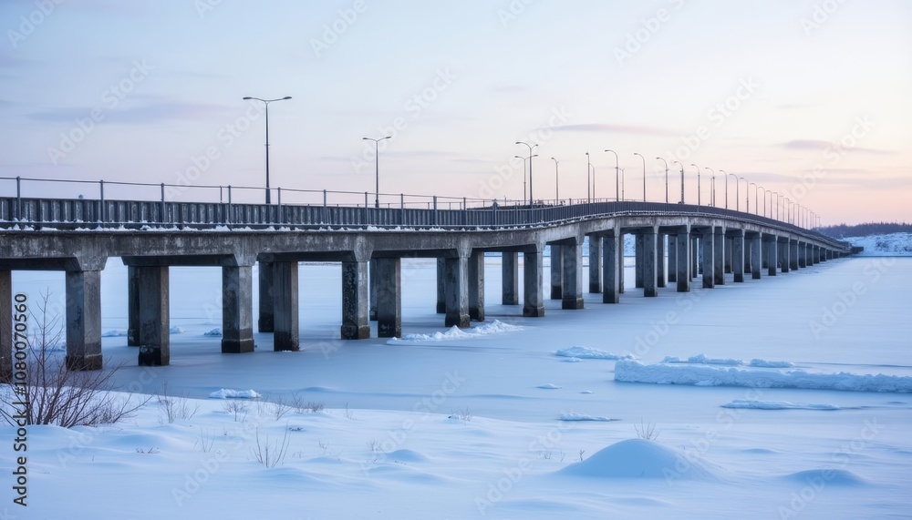 Obraz premium Wintry serenity A bridges silhouette against the snowy landscape