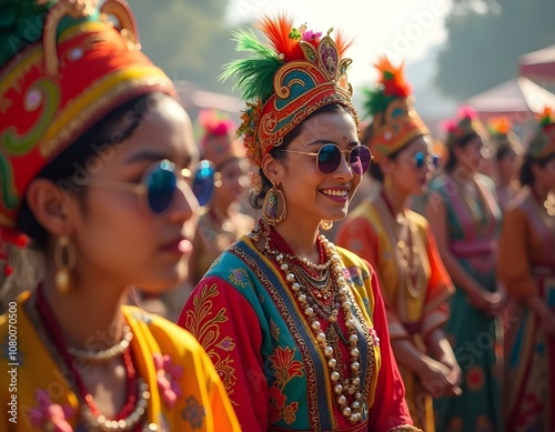 Women in traditional, vibrant attire adorned with ornate jewelry and headpieces, participating in a cultural festival parade. They wear sunglasses, adding a modern twist to traditional style