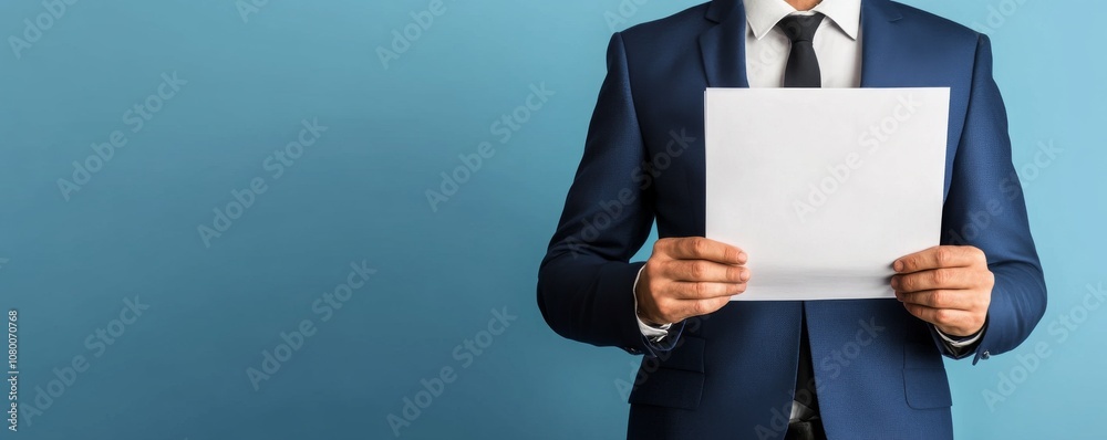 Businessman holding document against a blue background. Businessman holding document against a blue background.
