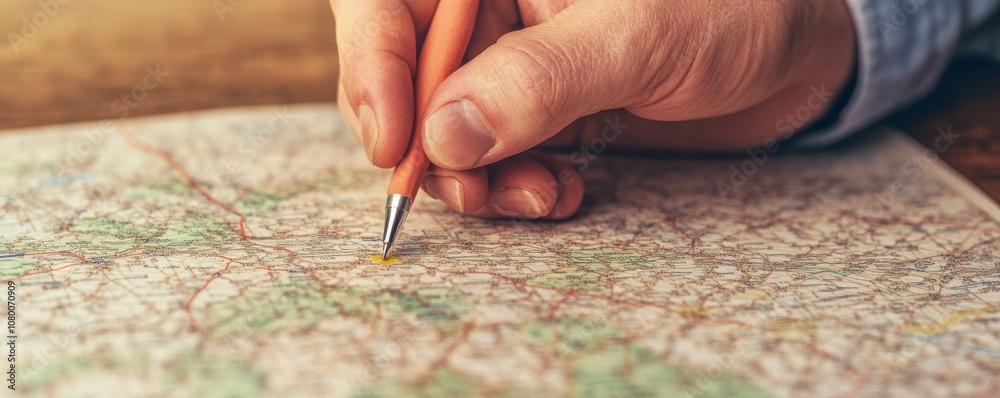 Close-up of a hand marking a location on a detailed map. Close-up of a hand marking a location on a detailed map.