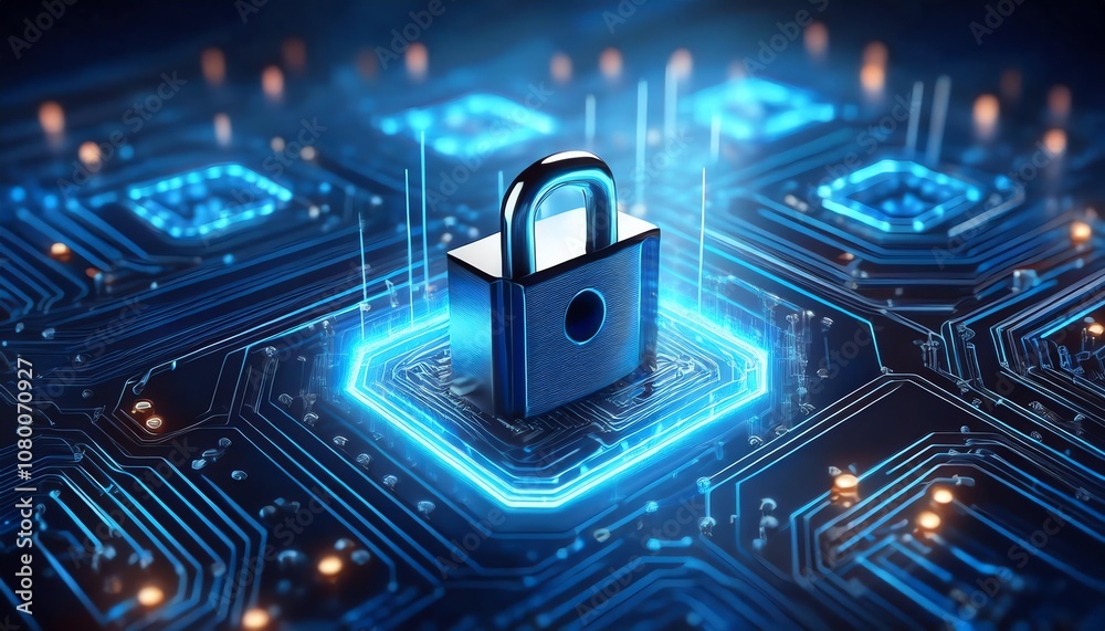 A digital padlock is displayed on a circuit board background, symbolizing cybersecurity and data protection in a technology-focused environment. A digital padlock is displayed on a circuit board background, symbolizing cybersecurity and data protection in a technology-focused environment.