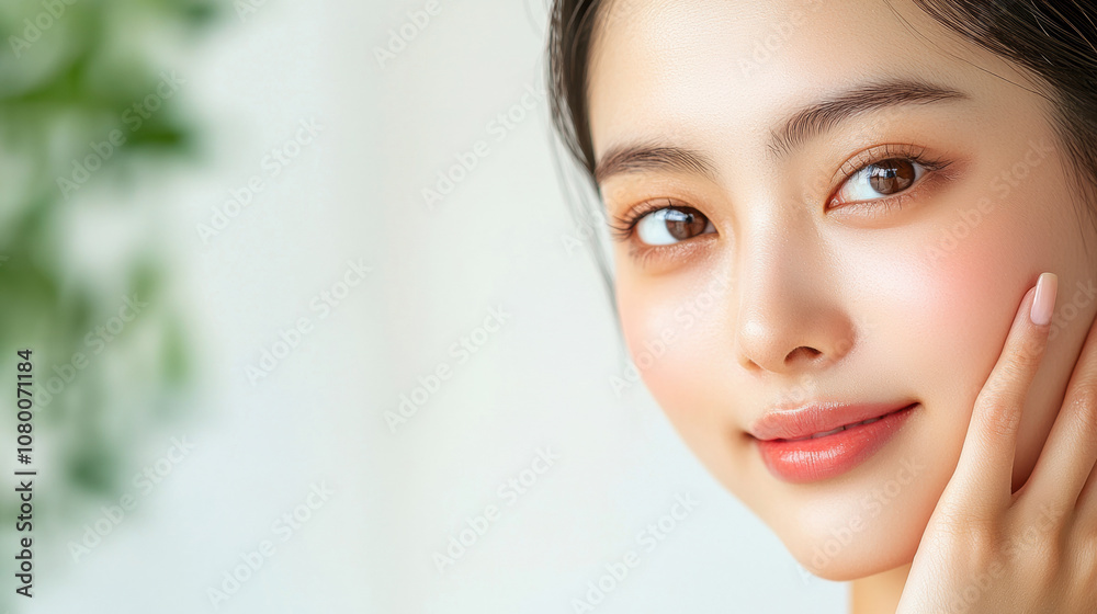 Close-up portrait of a young woman with flawless skin, soft makeup, and gentle smile, showcasing natural beauty and confidence in a bright environment Close-up portrait of a young woman with flawless skin, soft makeup, and gentle smile, showcasing natural beauty and confidence in a bright environment
