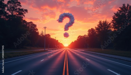 Striking Sunset at Crossroads with Lush Trees and Question Mark Cloud