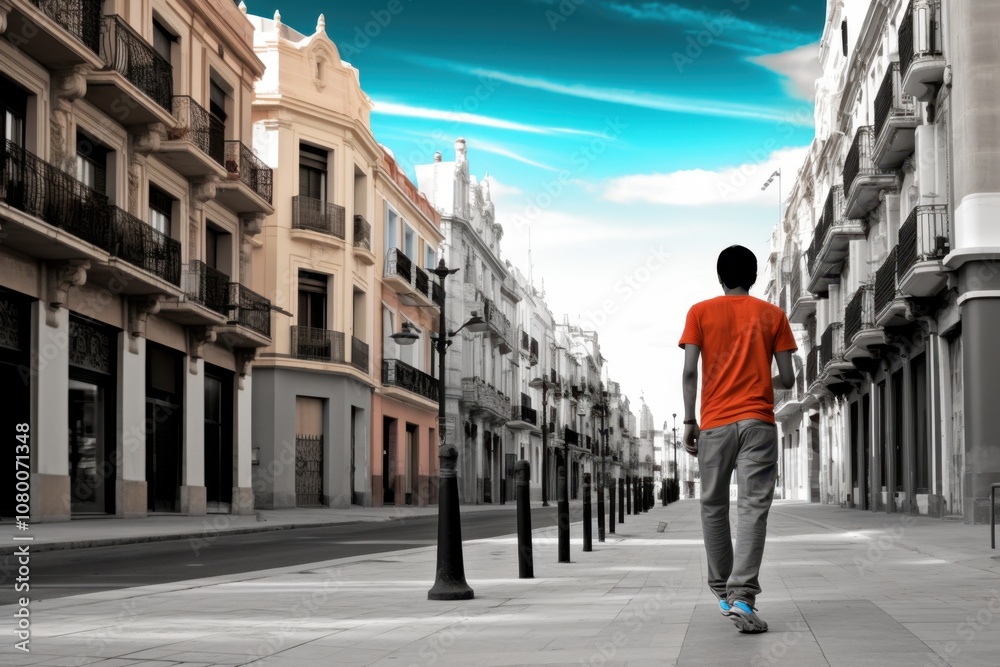 A man in an orange shirt walks down a street in front of a building A man in an orange shirt walks down a street in front of a building