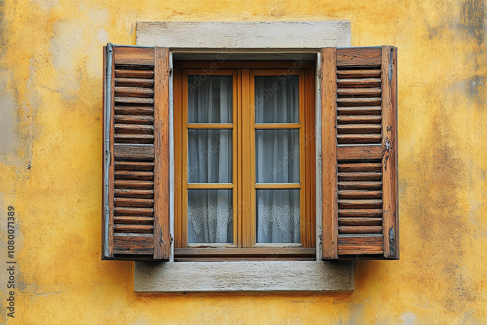 An open window with wooden shutters on an aged yellow concrete wall. An open window with wooden shutters on an aged yellow concrete wall.