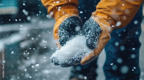 
A person wearing gloves is using an ice scraping product to clear snow from the street photo