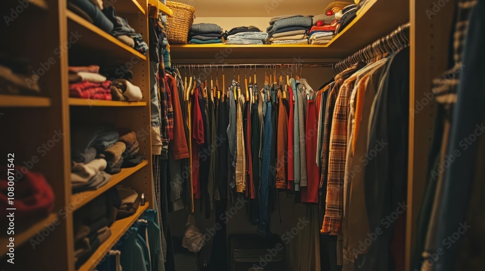 Clothes hanging in a wooden closet with shelves