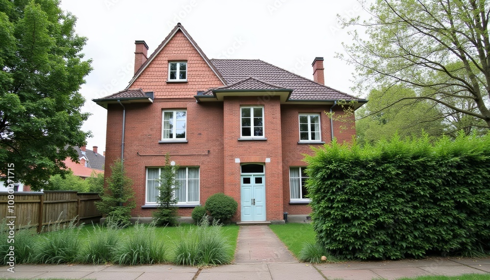 Charming brick house with inviting blue door and lush garden Charming brick house with inviting blue door and lush garden