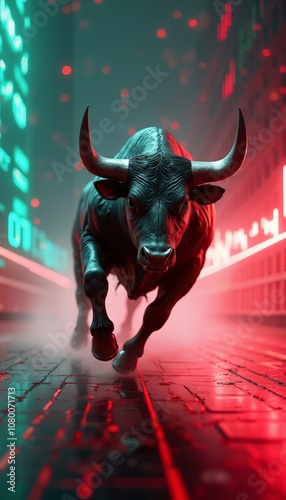 Powerful Metallic Bull Sprinting Across a Vibrant Neon Grid.