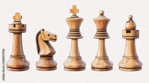 photorealistic clip art of vintage chess pieces, minimalistic, classic wood textures, light details, soft shadows