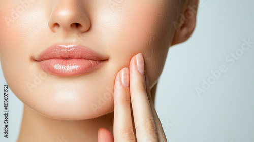 Close-up of a woman's face with glistening lips, soft skin, and a gentle touch to her cheek, showcasing a beauty routine