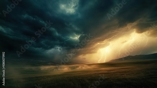 A Stormy Landscape with Lightning Striking Over a Field and Hills