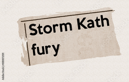 Storm Kath fury - current breaking daily news story communication copy newspaper headline article title in UK 2024 in sepia photo