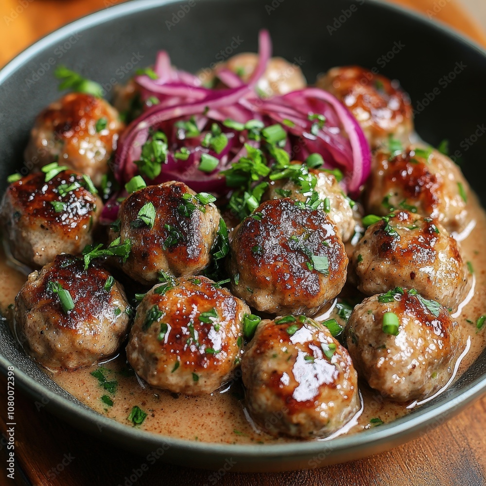 Delicious meatballs served in rich sauce, garnished with fresh herbs and sliced onion. Perfect for culinary presentations. Delicious meatballs served in rich sauce, garnished with fresh herbs and sliced onion. Perfect for culinary presentations.