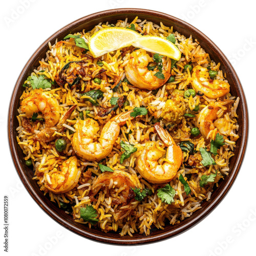 Shrimp Biryani with Aromatic Spices, Lemon Wedges, and Cilantro Garnish in a Traditional Bowl PNG Icon on transparent background
