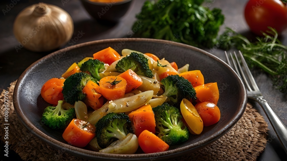Colourful bowl of fresh mixed cooked vegetables, broccoli, tomato & potato food. Healthy homemade veggie nutrition diet meal Colourful bowl of fresh mixed cooked vegetables, broccoli, tomato & potato food. Healthy homemade veggie nutrition diet meal