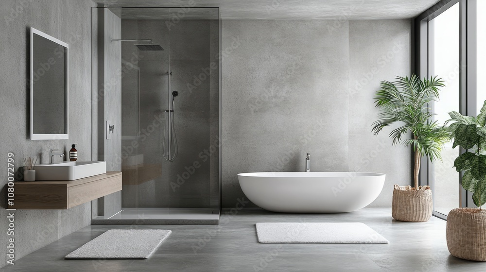 A modern bathroom with a walk-in shower and chic accessories A modern bathroom with a walk-in shower and chic accessories