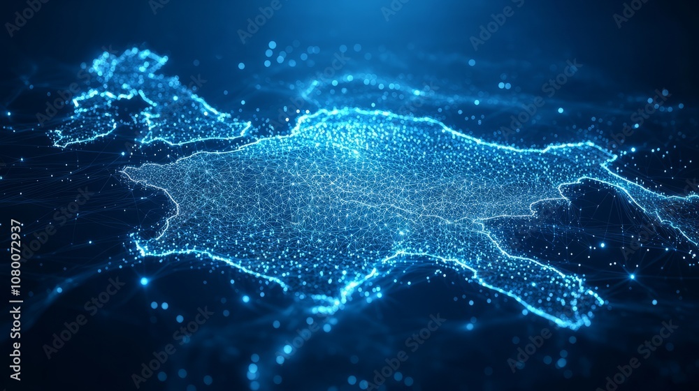 Fototapeta premium A 3D network map, with glowing mesh lines and points, on a sleek blue tech background