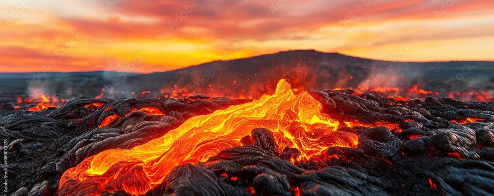 Dynamic lava flow against a vibrant sunset sky, showcasing nature's power. Dynamic lava flow against a vibrant sunset sky, showcasing nature's power.