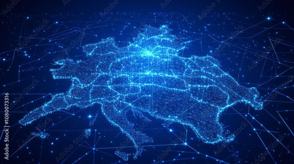 Obraz premium A 3D network map, with glowing mesh lines and points, on a sleek blue tech background