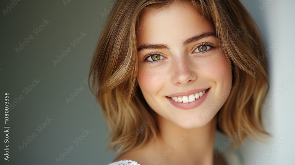 Portrait of a young woman looking at the camera, she is smiling and happy.