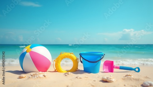 Wallpaper Mural Summer Beach Scene with Colorful Items Including Ball and Bucket. Torontodigital.ca
