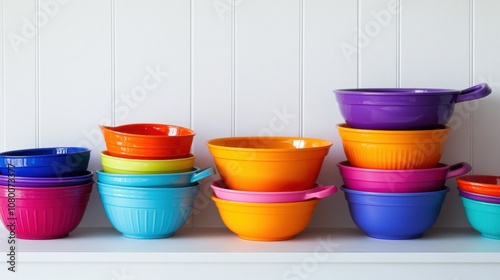 Colorful Mixing Bowls Stacked on a Shelf