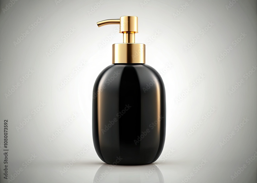 Elegant black glass bottle with golden pump, displaying liquid inside. Ideal for cosmetic branding and packaging design, isolated against a clean white backdrop. Elegant black glass bottle with golden pump, displaying liquid inside. Ideal for cosmetic branding and packaging design, isolated against a clean white backdrop.