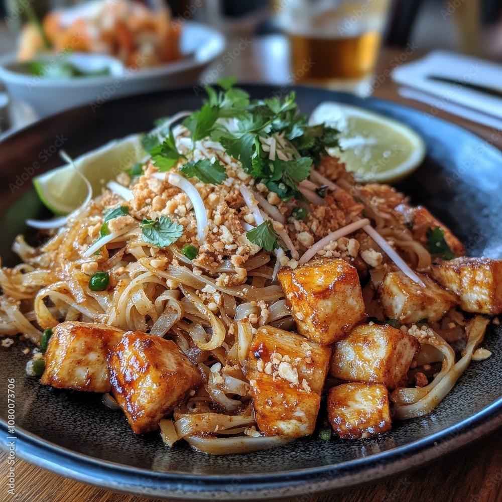 Delicious pad thai with tofu, garnished with peanuts and lime, served in a stylish bowl. Perfect for food lovers and culinary enthusiasts. Delicious pad thai with tofu, garnished with peanuts and lime, served in a stylish bowl. Perfect for food lovers and culinary enthusiasts.