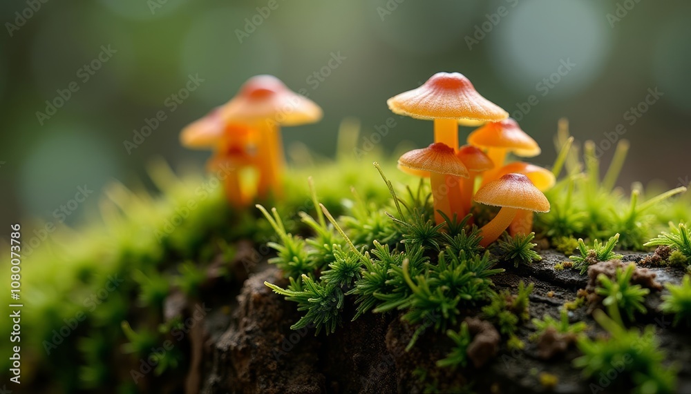 Natures tiny treasures A closeup of vibrant mushrooms on a mossy rock Natures tiny treasures A closeup of vibrant mushrooms on a mossy rock