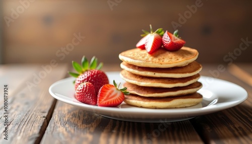  Deliciously stacked pancakes with fresh strawberries ready to be enjoyed photo