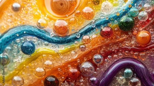 Abstract colorful glass art with wavy lines, bubbles, and beads.